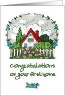 Congratulations on Your First Home - Quaint Vintage House with Flowers card