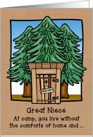 Thinking of Great Niece at Camp with Outhouse Latrine in Pines Design card