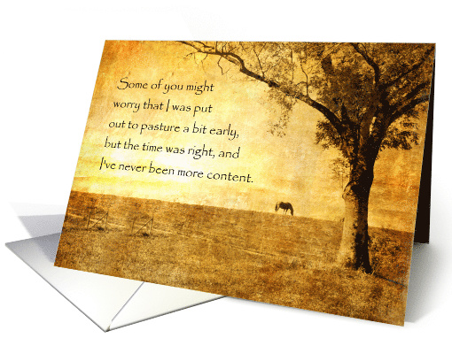 Retirement Party Invitation with Horse in Pasture at Sunset card