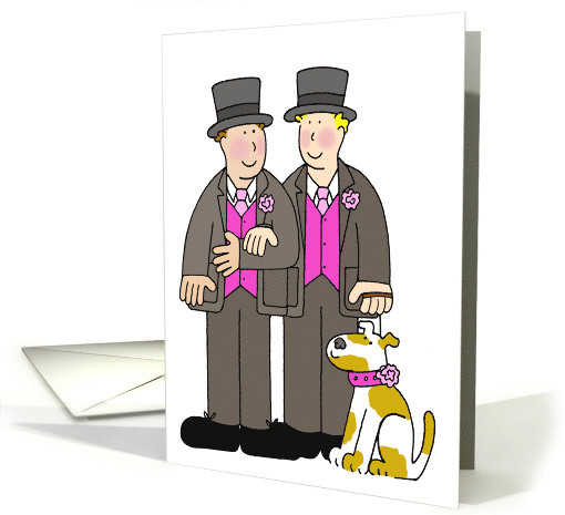 Gay Male Wedding Two Grooms and a Dog Cute Cartoon Couple card