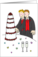 Two Cartoon Grooms in Red Waistcoats and Suits Cutting a Cake card