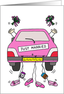 Just Married Lesbian Wedding Cartoon Pink Car with Two Brides card