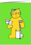 Ginger Cat Bandaged with Cast And Crutch Get Well Soon card