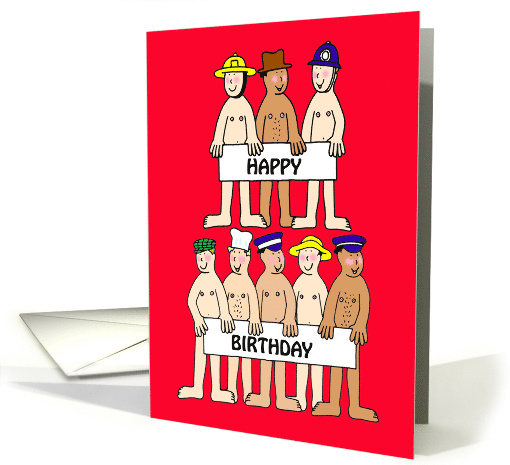 Almost Naked Uniformed Cartoon Men Holding Banners Birthday Humor card