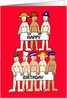 Almost Naked Uniformed Cartoon Men Holding Banners Birthday Humor card