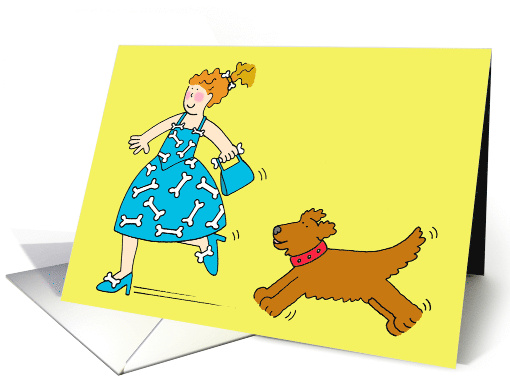 Thank You for Walking the Dog Cartoon Lady Wearing Dog Bone Dress card
