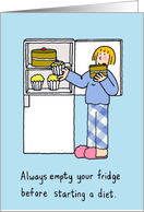 Dieting Cartoon Lady Emptying a Fridge Before her Diet Starts card