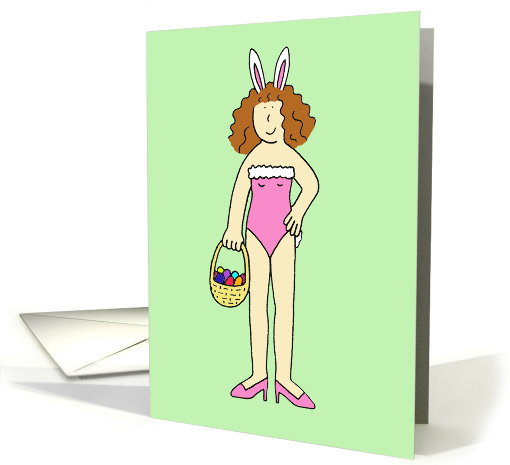 Easter Bunny Cartoon Lady Wearing Bunny Ears with Basket of Eggs card