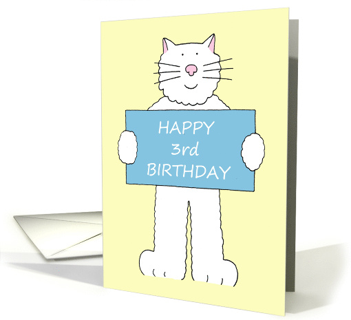 Happy 3rd Birthday Cartoon Fluffy White Cat with a Banner card