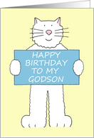 Happy Birthday Godson Cartoon Large White Cat Holding a Sign Up card