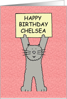 Happy Birthday Chelsea Cute Cartoon Grey Cat card