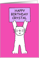 Happy Birthday Crystal Cute Cartoon White Cat Holding a Banner card