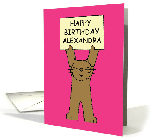 Happy Birthday Alexandra Cartoon Cat Holding a Banner Up card