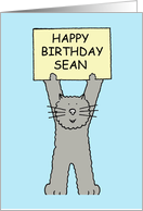 Happy Birthday Sean Cute Grey Cartoon Cat Holding a Banner Up card