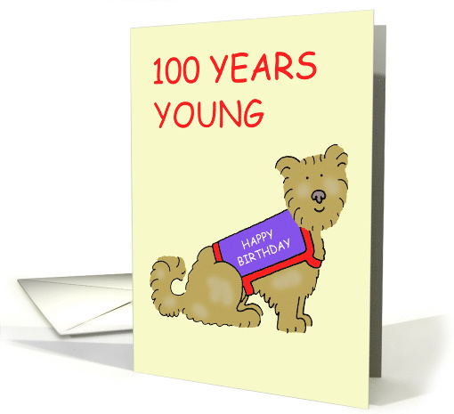 Happy 100th Birthday Cartoon Terrier Dog in Cute Coat card (1102584)