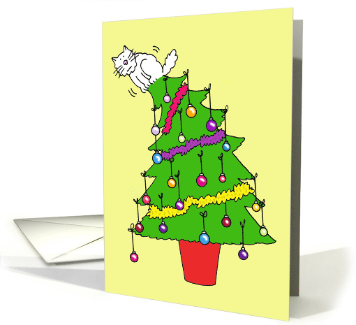 Happy Christmas from the Cat Cartoon Cat on Top of a Xmas Tree card