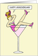 Happy Anniversary Cartoon Burlesque Lady Sitting in Cocktail Glass card