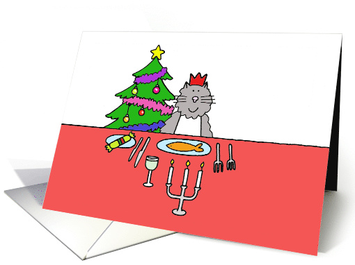 Happpy Christmas From the Cat Cartoon Cat Eating Christmas Dinner card