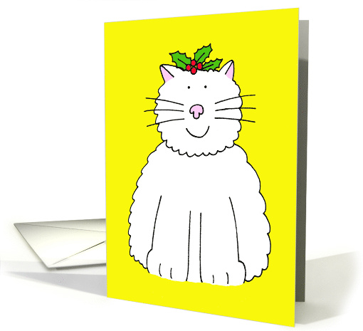 Happy Christmas from White Pet Cat Cartoon Cat Wearing Holly card