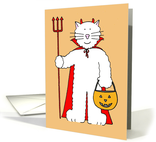 Happy Halloween Cartoon White Cat Holding a Pumpkin Lantern card