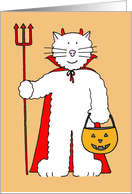 Happy Halloween Cartoon White Cat Holding a Pumpkin Lantern card