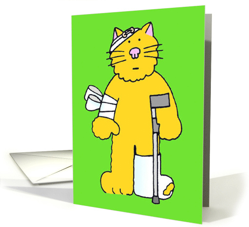 Get Well Soon Cartoon Ginger Cat on a Crutch with Bandages card