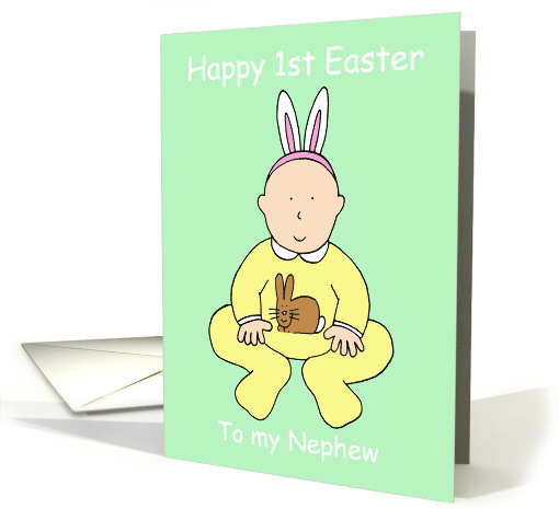 Happy First Easter Nephew Cartoon Baby Wearing Bunny Ears card