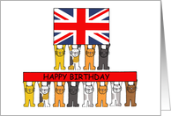 Happy Birthday Cartoon Cats With Union Jack Flag and Banner card