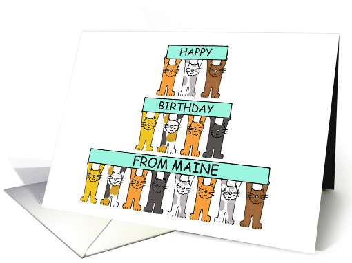 Happy Birthday from Maine Cartoon Cats Holding Up Banners card