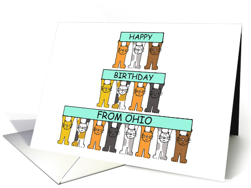 Happy Birthday from Ohio Cute Cartoon Cats Holding Up Banners card