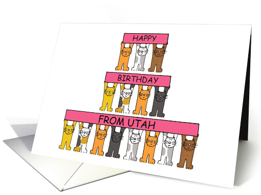 Happy Birthday from Utah Cartoon Cats Holding Up Pink Banners card