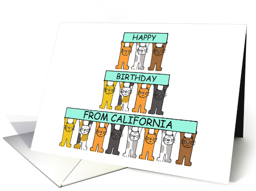 Happy Birthday from California Cute Cartoon Cats Holding Banners card