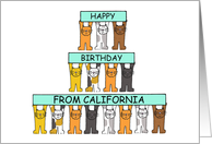 Happy Birthday from California Cute Cartoon Cats Holding Banners card