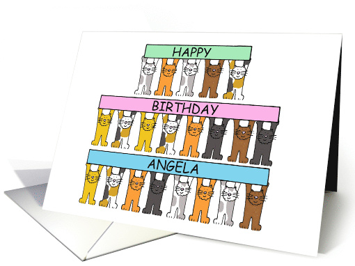Happy Birthday Angela Cute Cartoon Cats Holding Up Banners card