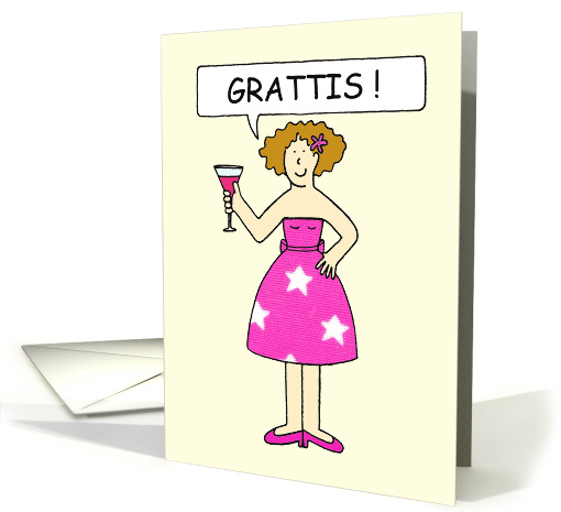 Swedish Congratulations, Grattis, Cartoon Lady on a Cake. card