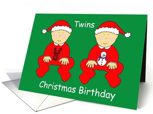 Twins Christmas Birthday Cartoon Twins in Cute Festive Outfits card