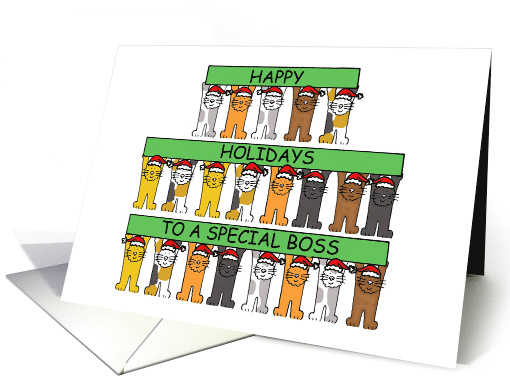 Happy Holidays to a Special Boss Cartoon Cats in Santa Hats card