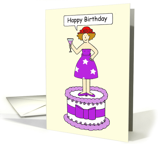 Happy Birthday for Lady in Red Hat Woman Standing on a Giant Cake card