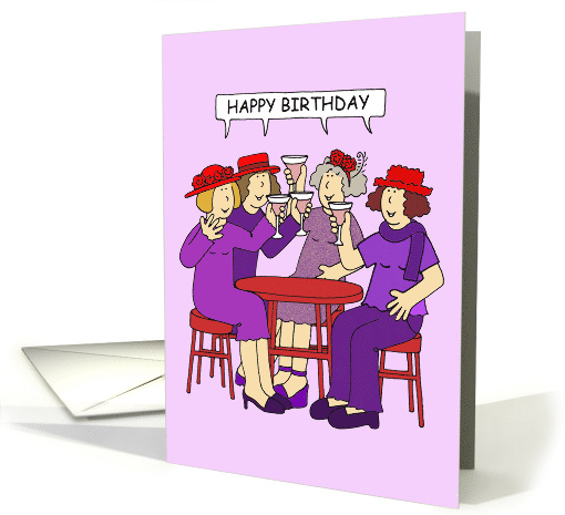 Happy Birthday Fun Ladies in Red Hats Drinking Cocktails. card