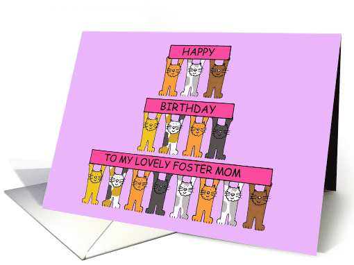 Foster Mom Happy Birthday Cartoon Cats Holding Banners card (1238148)