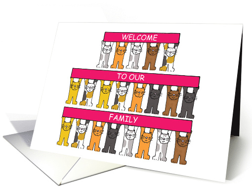 Welcome to Our Family Cartoon Cats Standing Holding Banners card