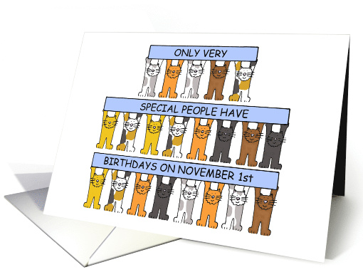 November 1st Birthday Cute Cartoon Cats Holding Up Banners card