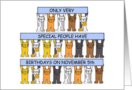 5th November Birthday Cartoon Cats Holding Banners card
