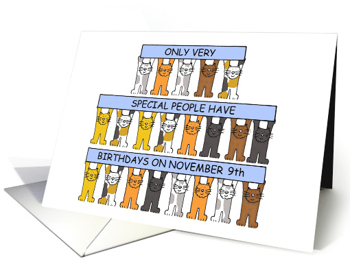 9th November Birthday Cute Cartoon Cats Holding Banners card (1268954)