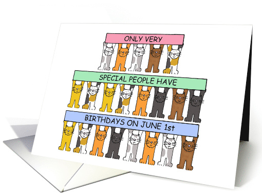 June 1st Birthday, Cute Cartoon Cats Holding Up Banners. card
