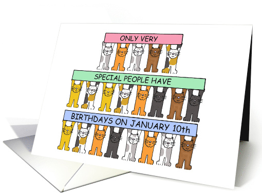 January 10th Birthday, Cute Cartoon Kittens Holding Up Banners. card