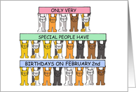 February 2nd Birthday Cartoon Cats Standing Up Holding banners card