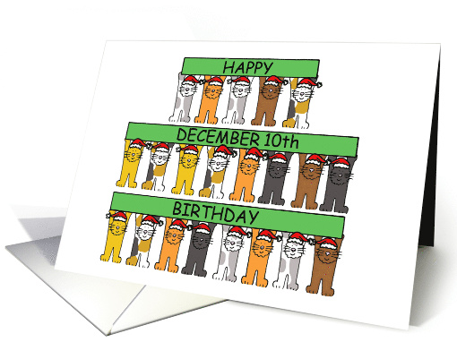 December 10th Birthday Cartoon Cats Wearing Festive Santa Hats card