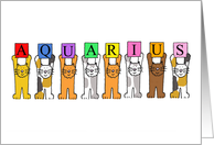 Happy Birthday Aquarius Cute Cartoon Cats Holding Letters Up card