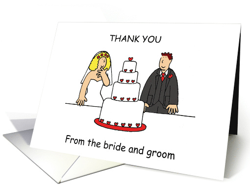 Thank You from the Bride and Groom Cartoon Couple and a Cake card